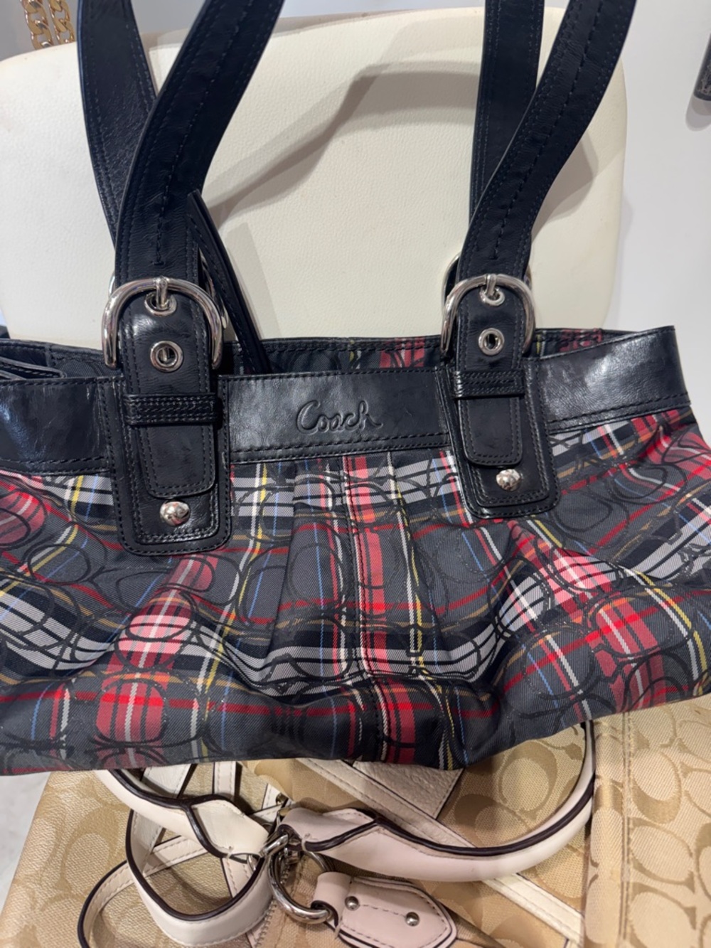 Coach Black Leather-Trim Red & Gray Plaid Tote